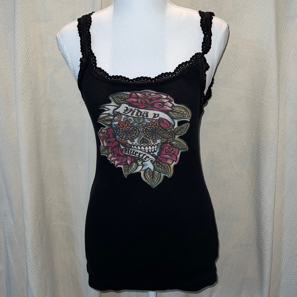Lucky Black Day of the Dead/Lace Tank Top. Size L.